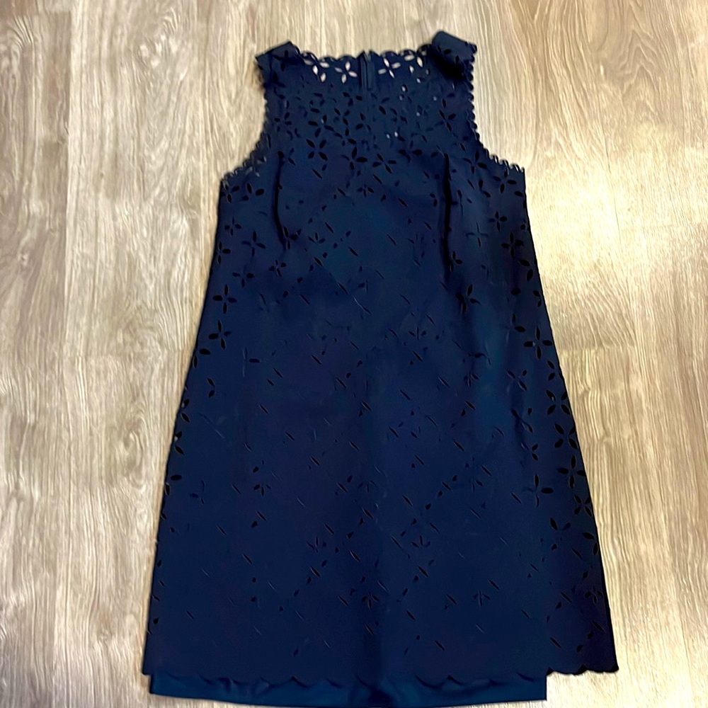 Navy sleeveless dress with cutouts and built in navy silk slip